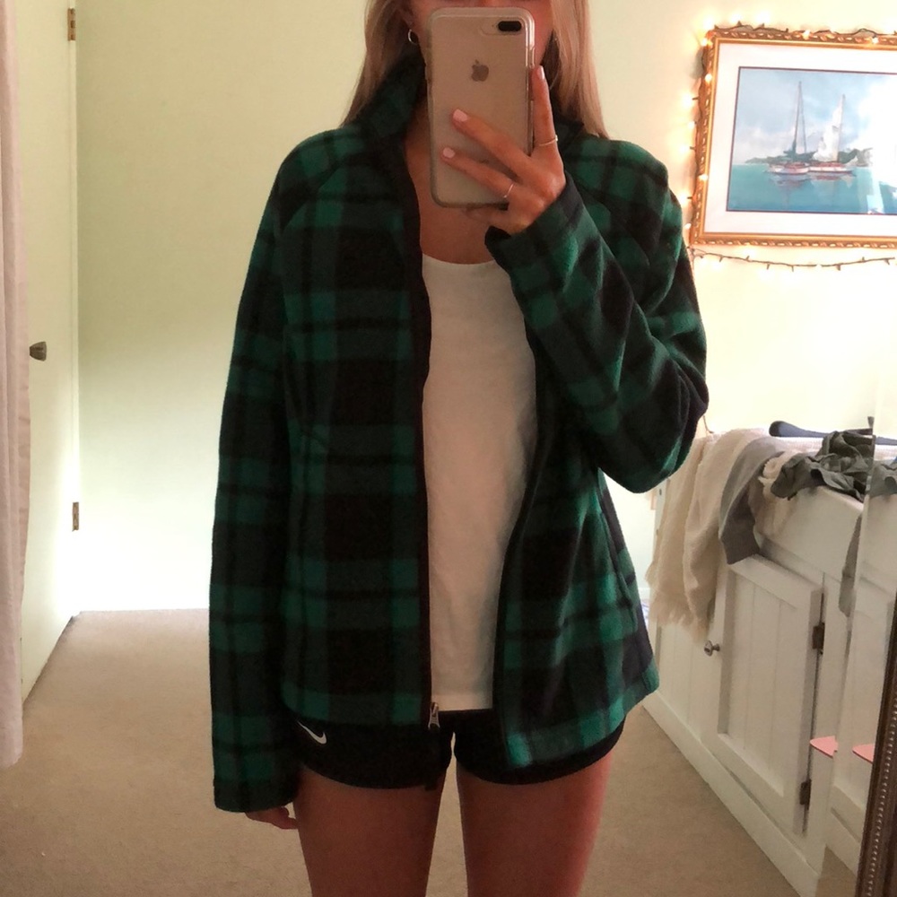 Greens and black checkered fleece zip up
